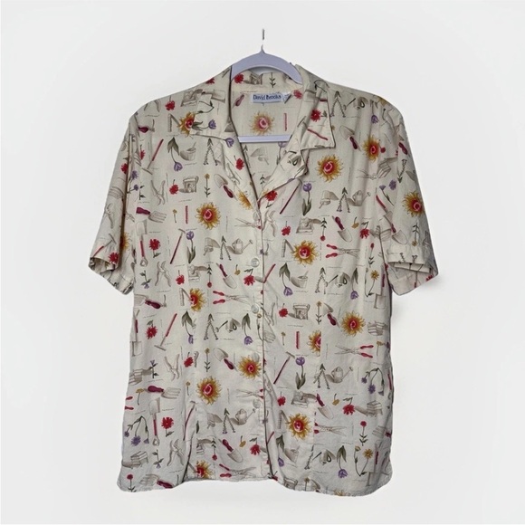 Vintage David Brooks Women's Top 10 Short Sleeve Floral Garden Button Sunflower - Picture 2 of 8